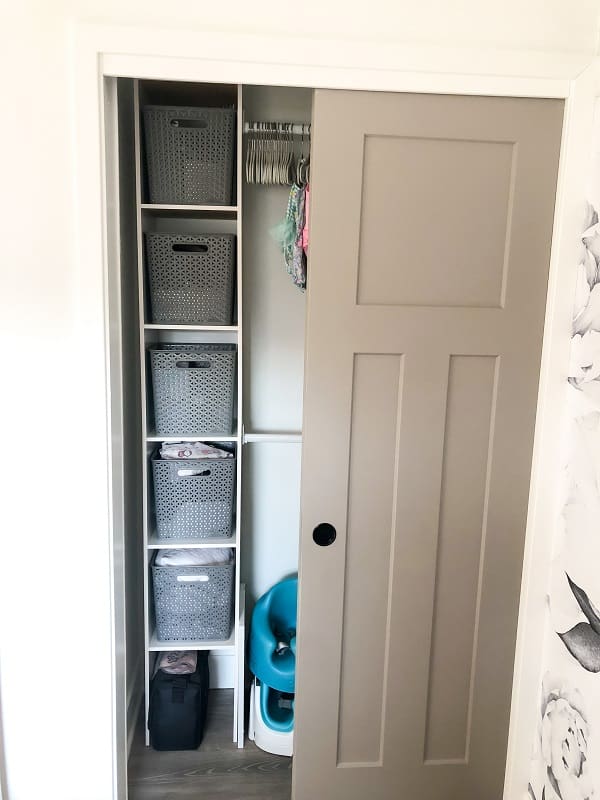 Home Depot closet organizer by closetmaid installed in baby girl nursery closet. 